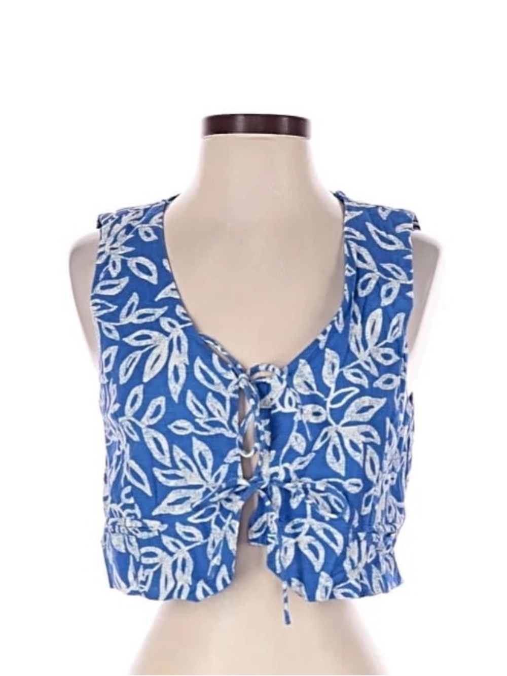 Mango Blue and White Leaf-Print Tie-Front Camisole
